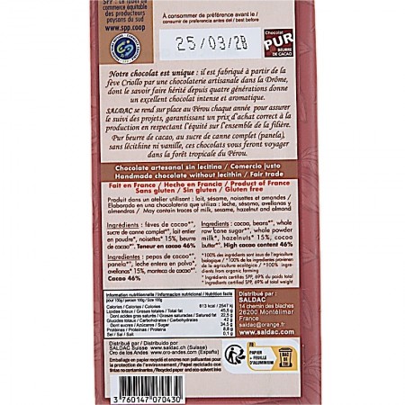 Chocolat lait noisettes 46% cacao El Inti bio