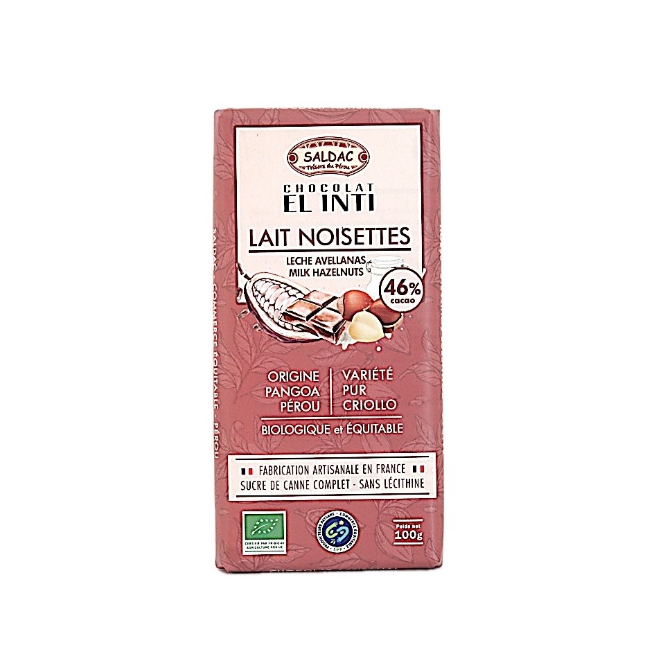 Chocolat lait noisettes 46% cacao El Inti bio