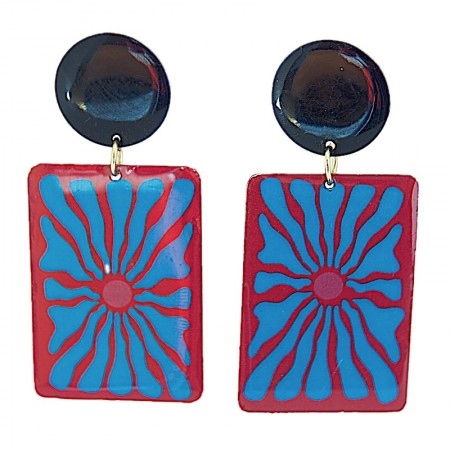 Boucles d'oreilles cercles et rectangles en laiton émaillé bleu et rouge