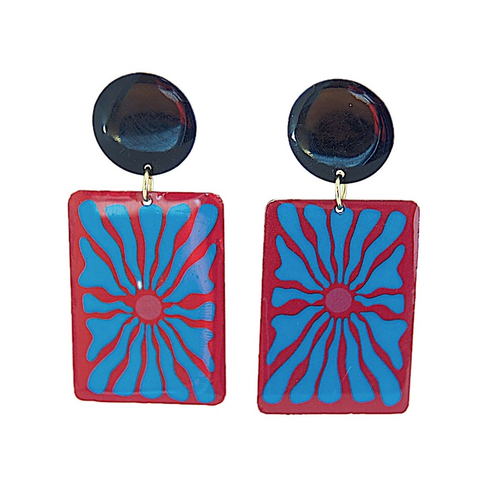Boucles d'oreilles cercles et rectangles en laiton émaillé bleu et rouge
