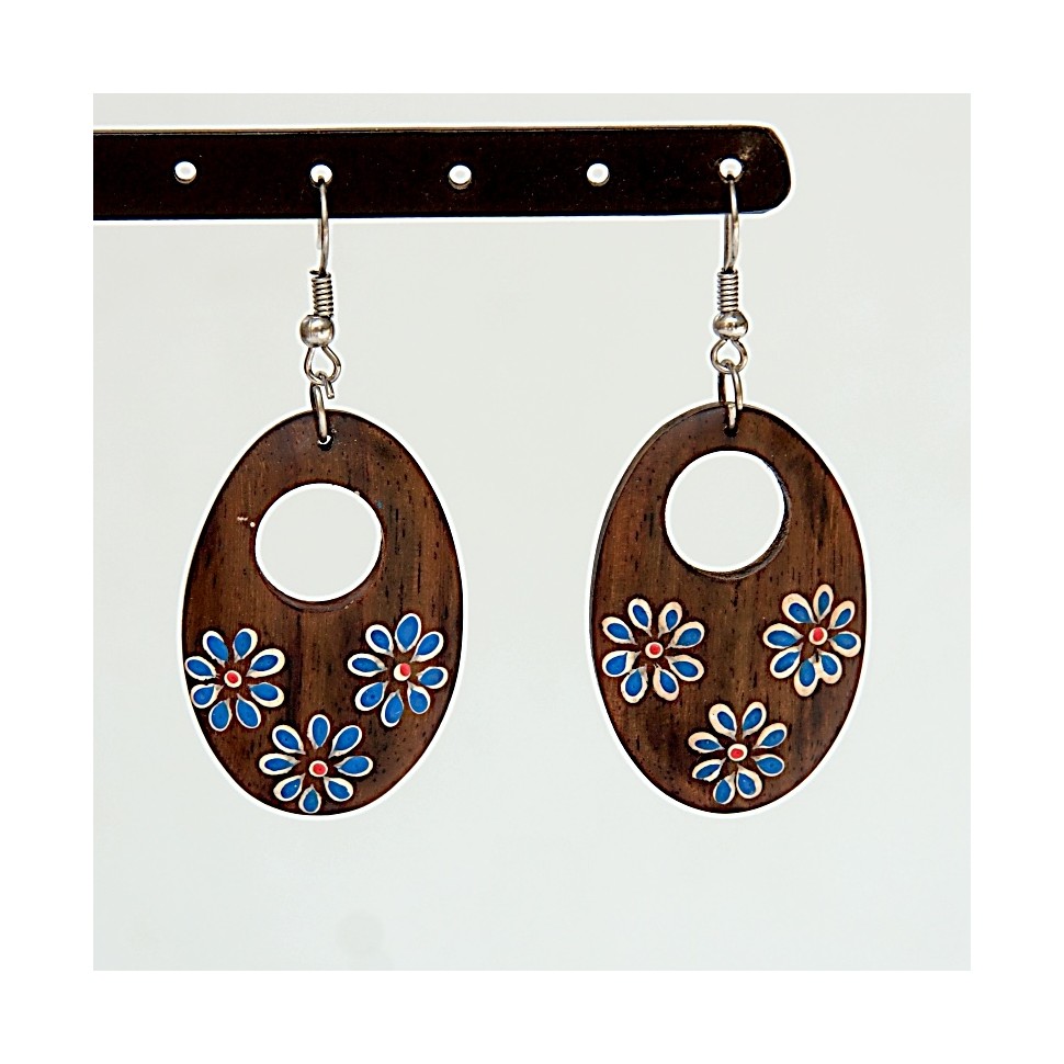 Boucles d'oreilles ovales bois fleurs bleues