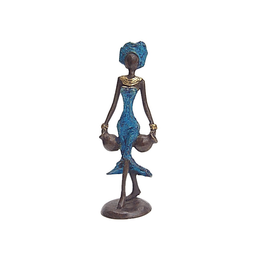 Statue bronze femme en bleu avec 2 amphores