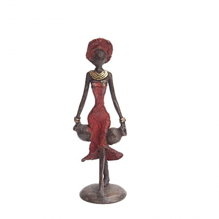 Statue bronze femme en rouge avec 2 amphores