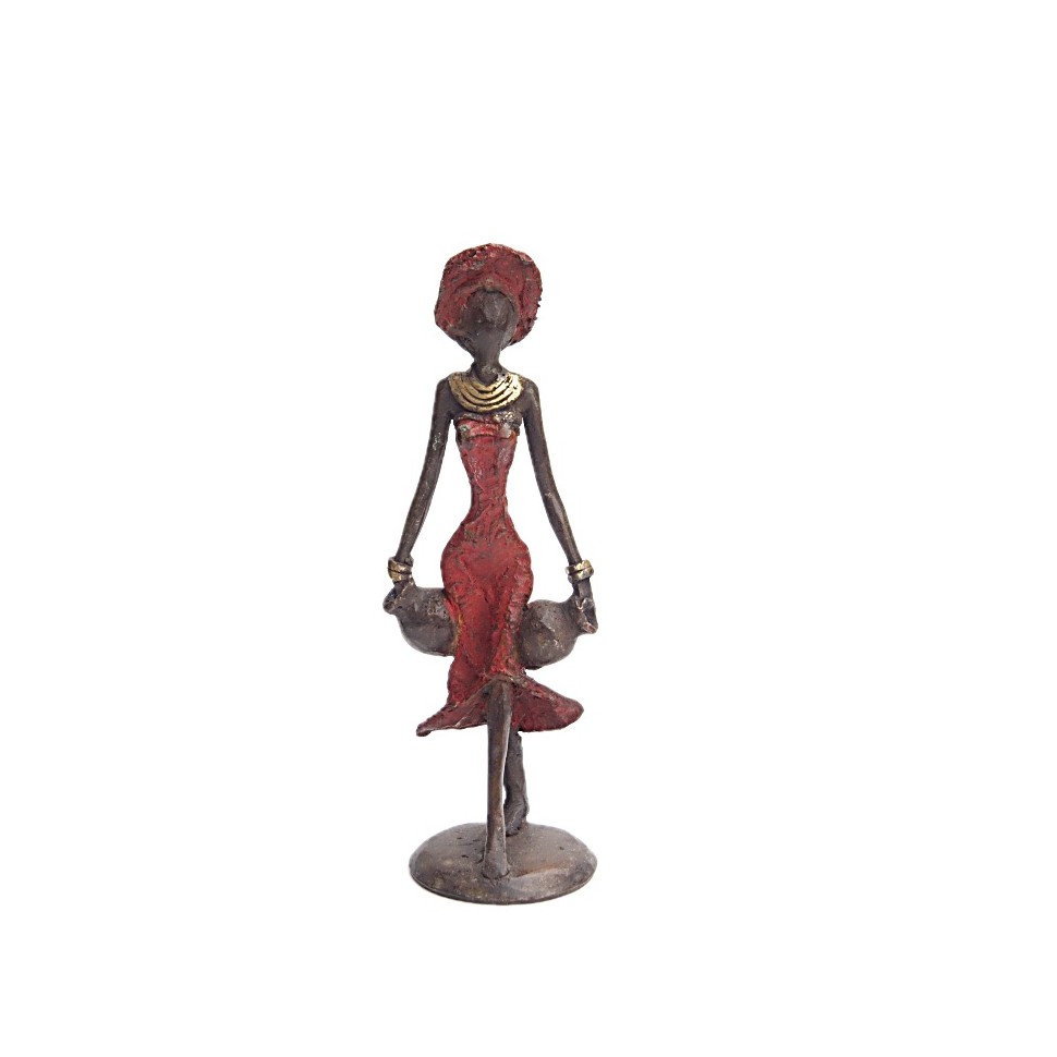 Statue bronze femme en rouge avec 2 amphores