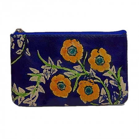 Porte monnaie rectangulaire cuir bleu fleurs oranges