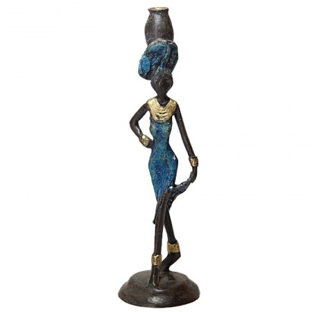 Statue bronze femme en bleu vase sur la tête