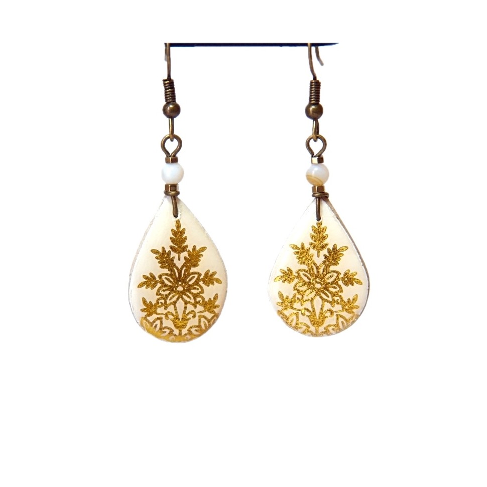 Boucles d'oreilles gouttes céramique fleurs dorées