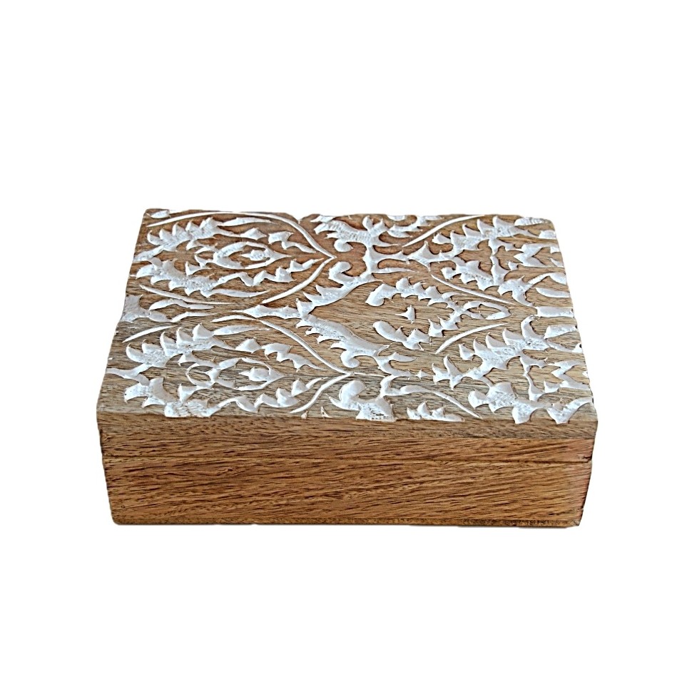 Boîte rectangulaire ornements bois manguier blanchi