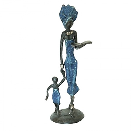 Statue bronze femme lisant et enfant en bleu