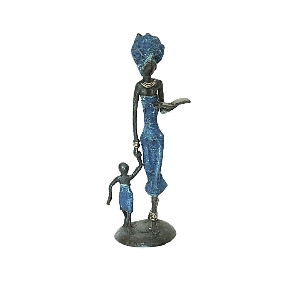 Statue bronze femme lisant et enfant en bleu