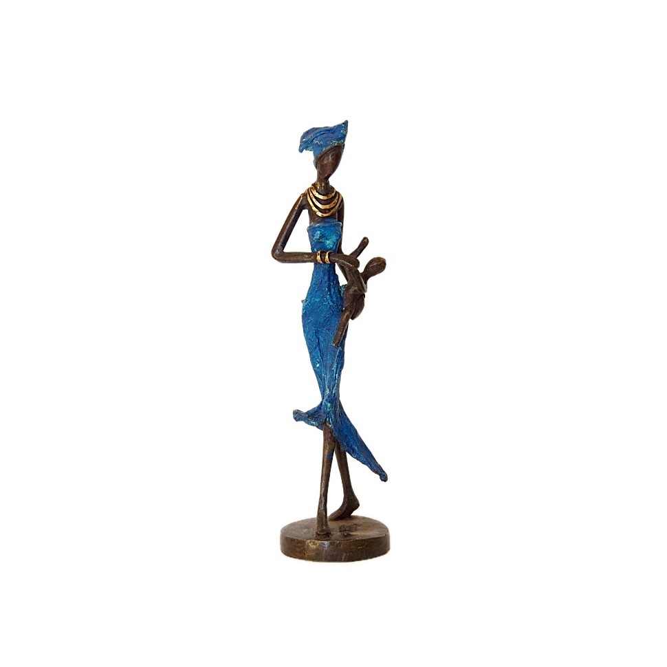 Statue bronze femme en bleu avec bébé