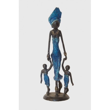 Statue bronze femme et 2 enfants en bleu