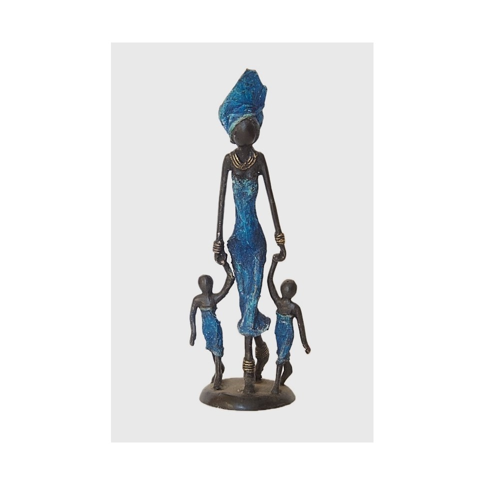 Statue bronze femme et 2 enfants en bleu