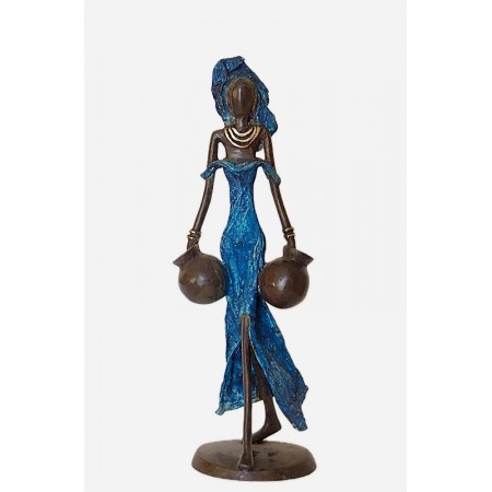 Statue bronze femme en bleu avec 2 amphores