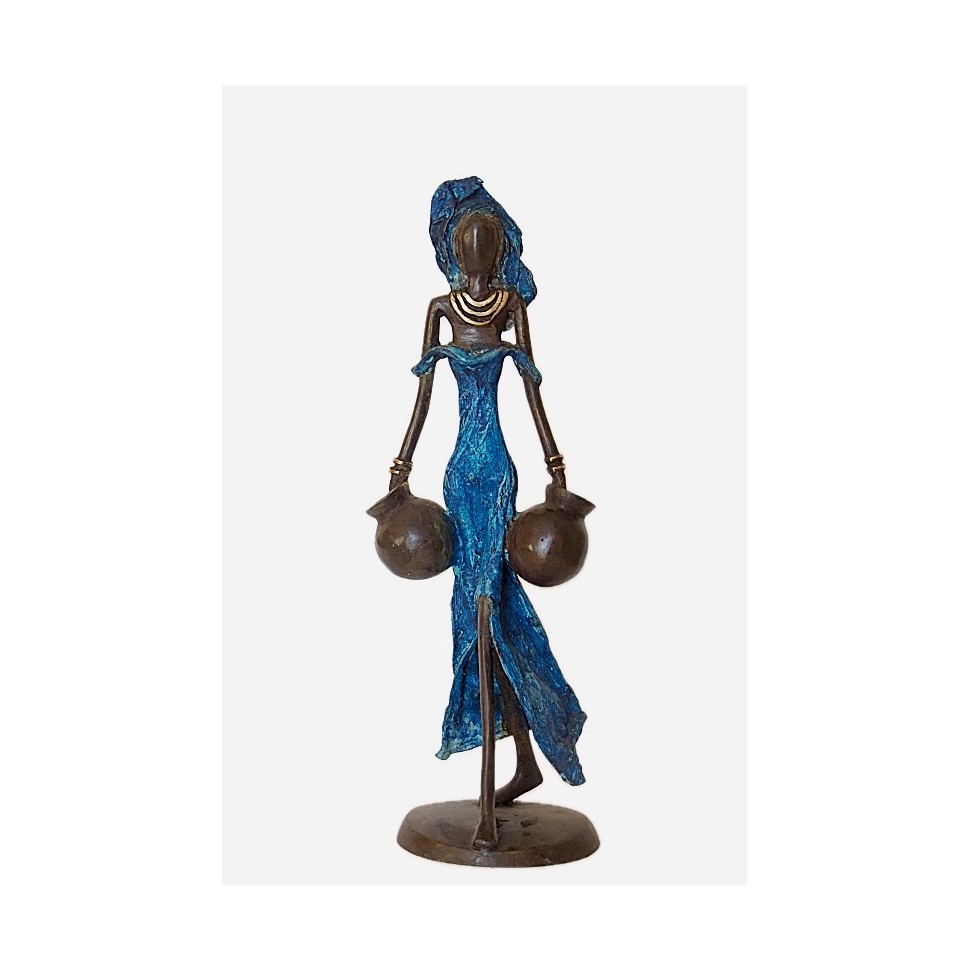 Statue bronze femme en bleu avec 2 amphores