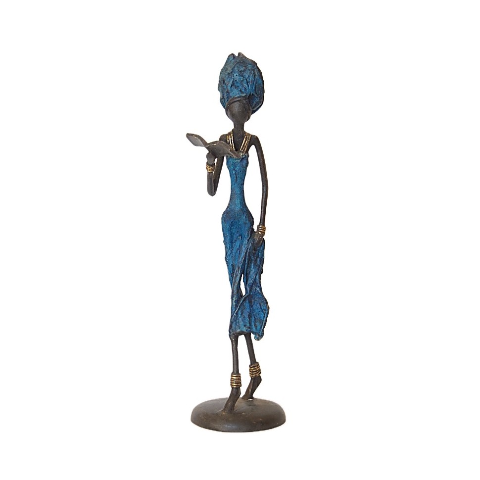 Statue bronze femme lisant en bleu