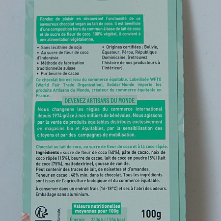 Chocolat bio lait de coco Vegan