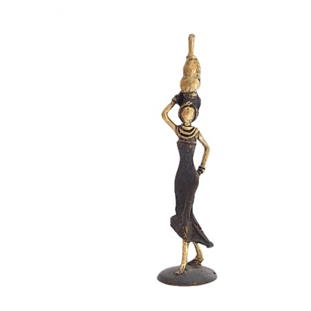 Statue bronze femme en noir et doré avec jarre