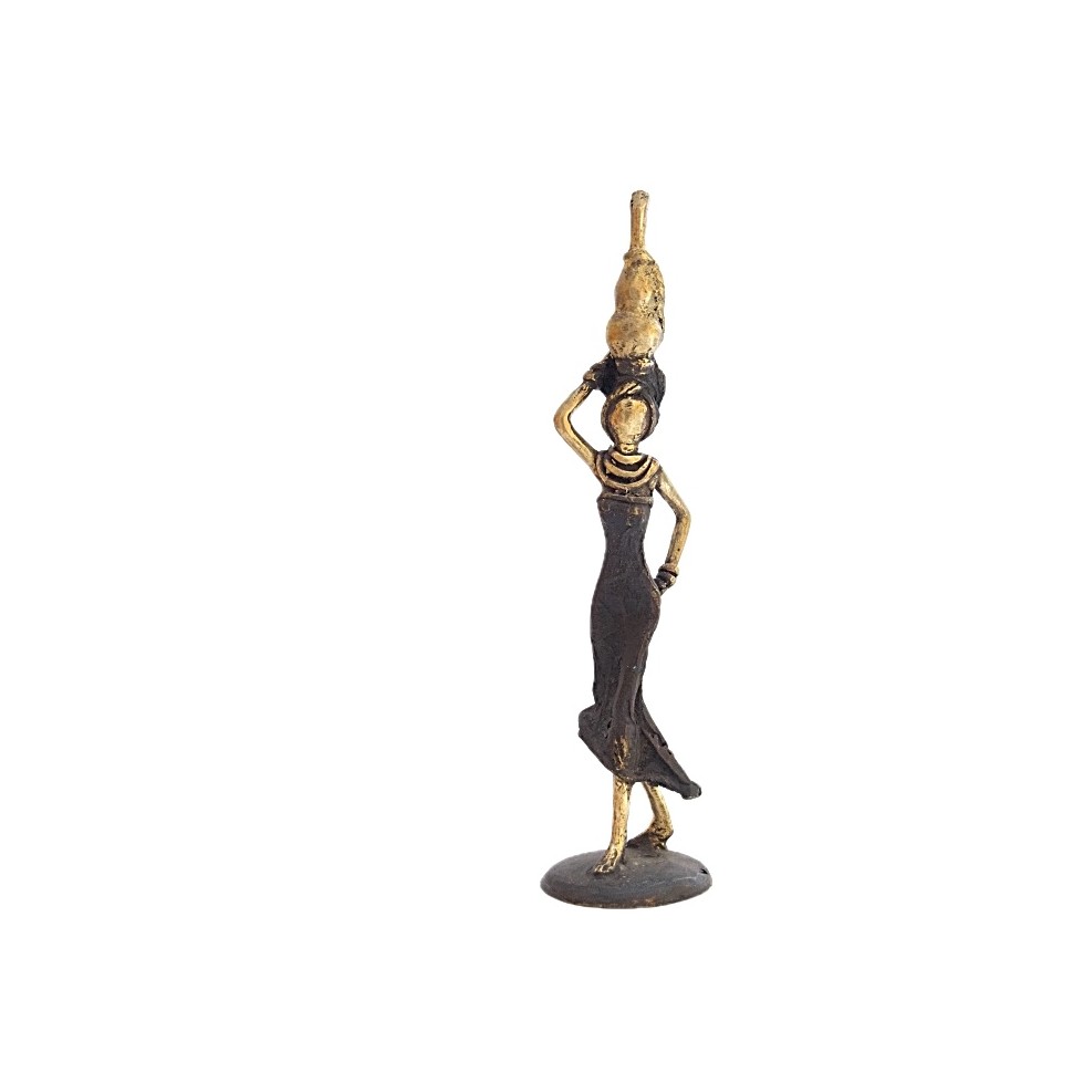 Statue bronze femme en noir et doré avec jarre