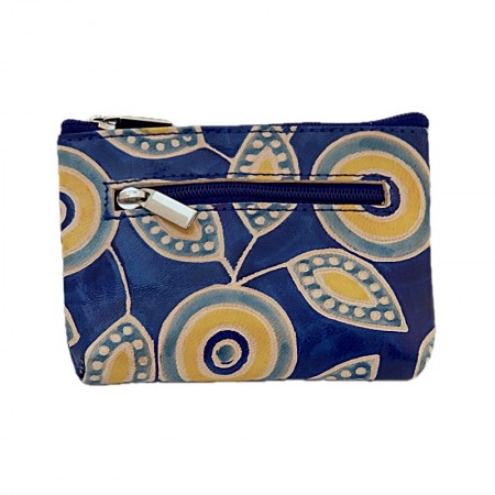 Porte monnaie rectangulaire cuir bleu fleurs