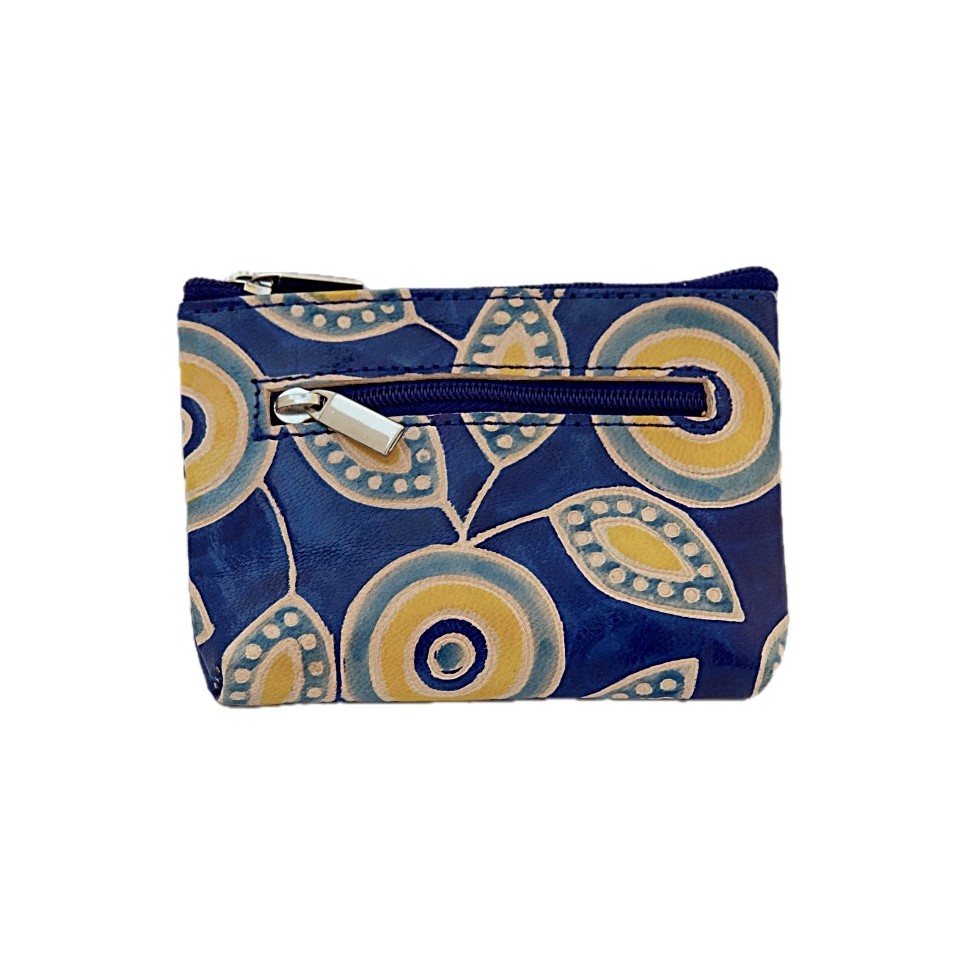 Porte monnaie rectangulaire cuir bleu fleurs