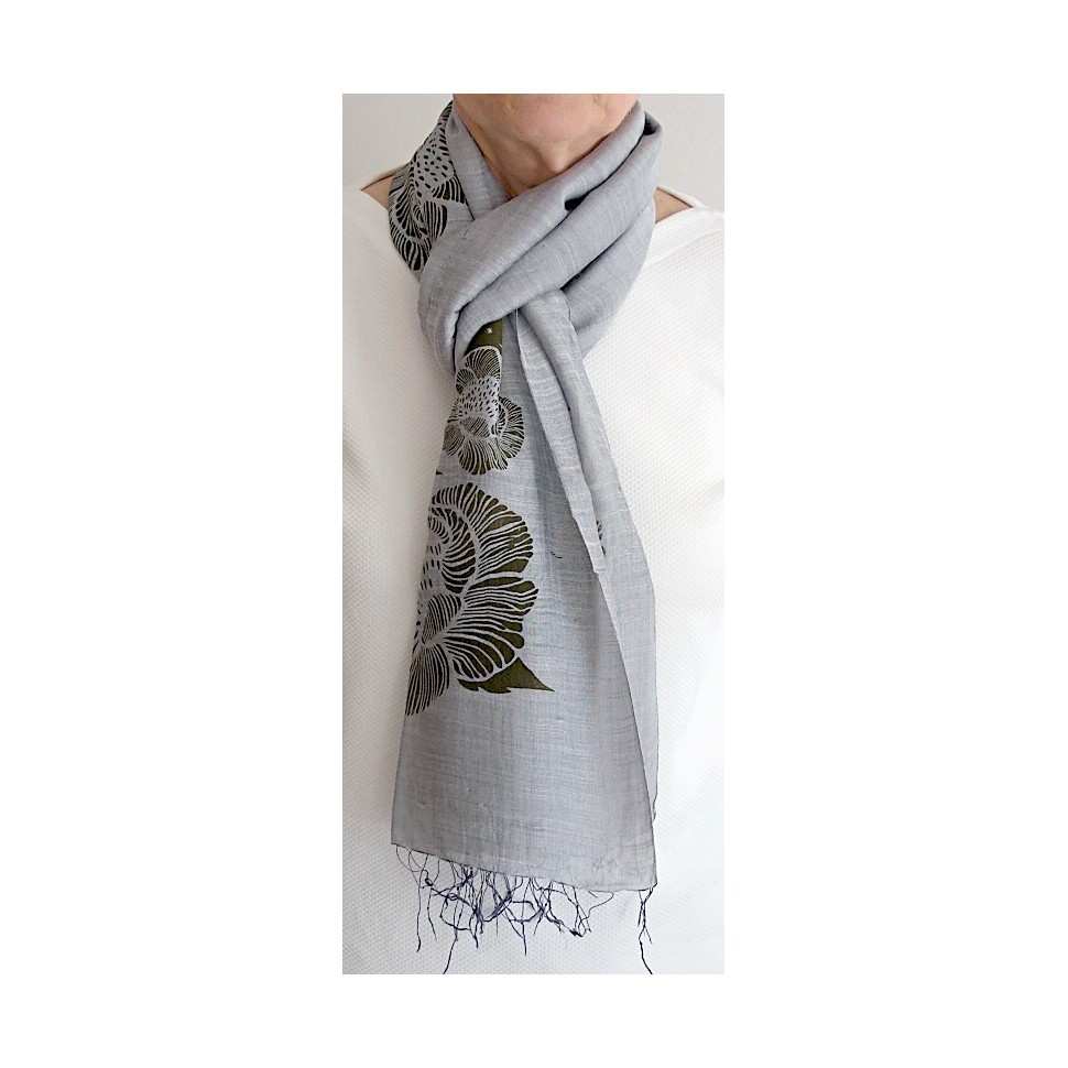 Echarpe viscose et soie gris et vert