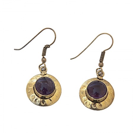 Boucles d'oreilles rondes laiton doré et améthyste