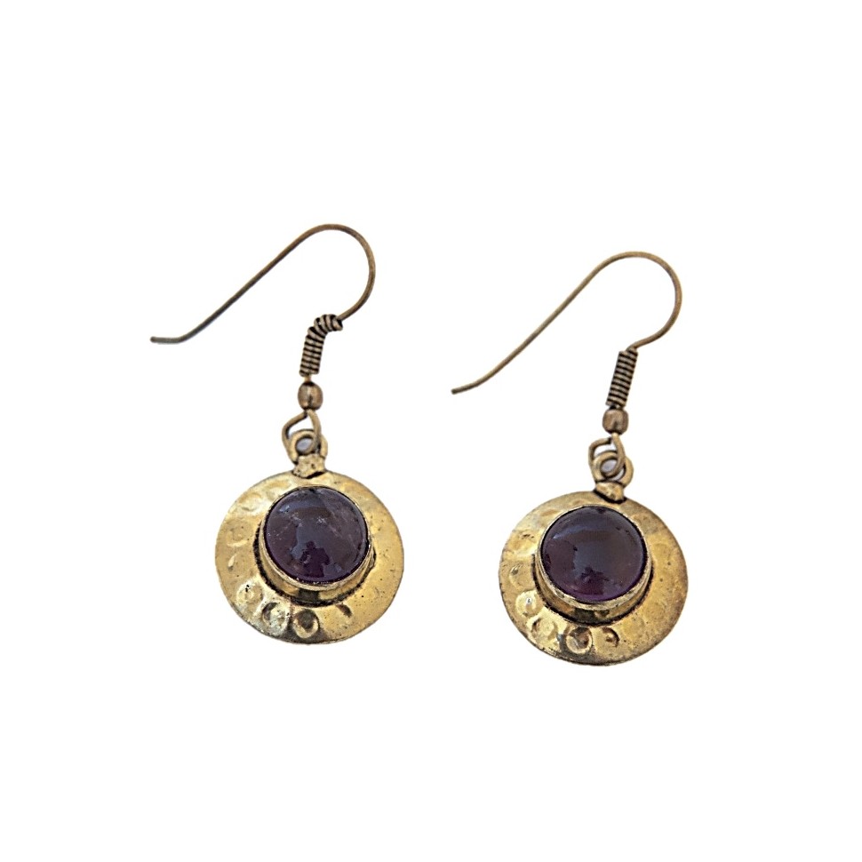 Boucles d'oreilles rondes laiton doré et améthyste