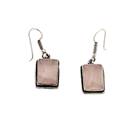 Boucles d'oreilles rectangulaires laiton argenté et quartz rose