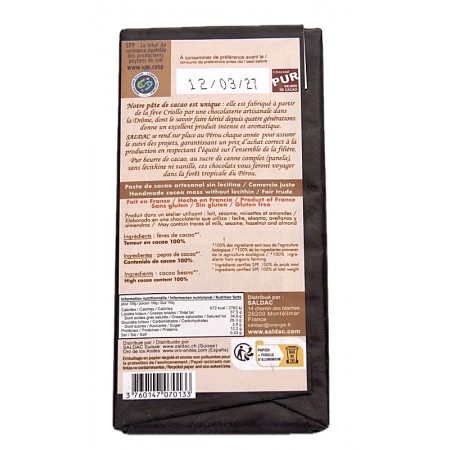 Chocolat noir extrême 100% El Inti bio 100 g info