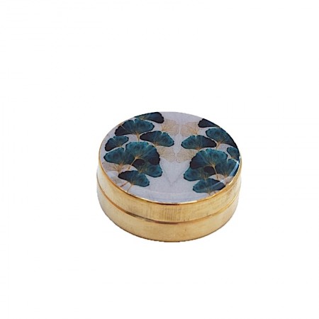 Boîte ronde laiton et résine motif ginko