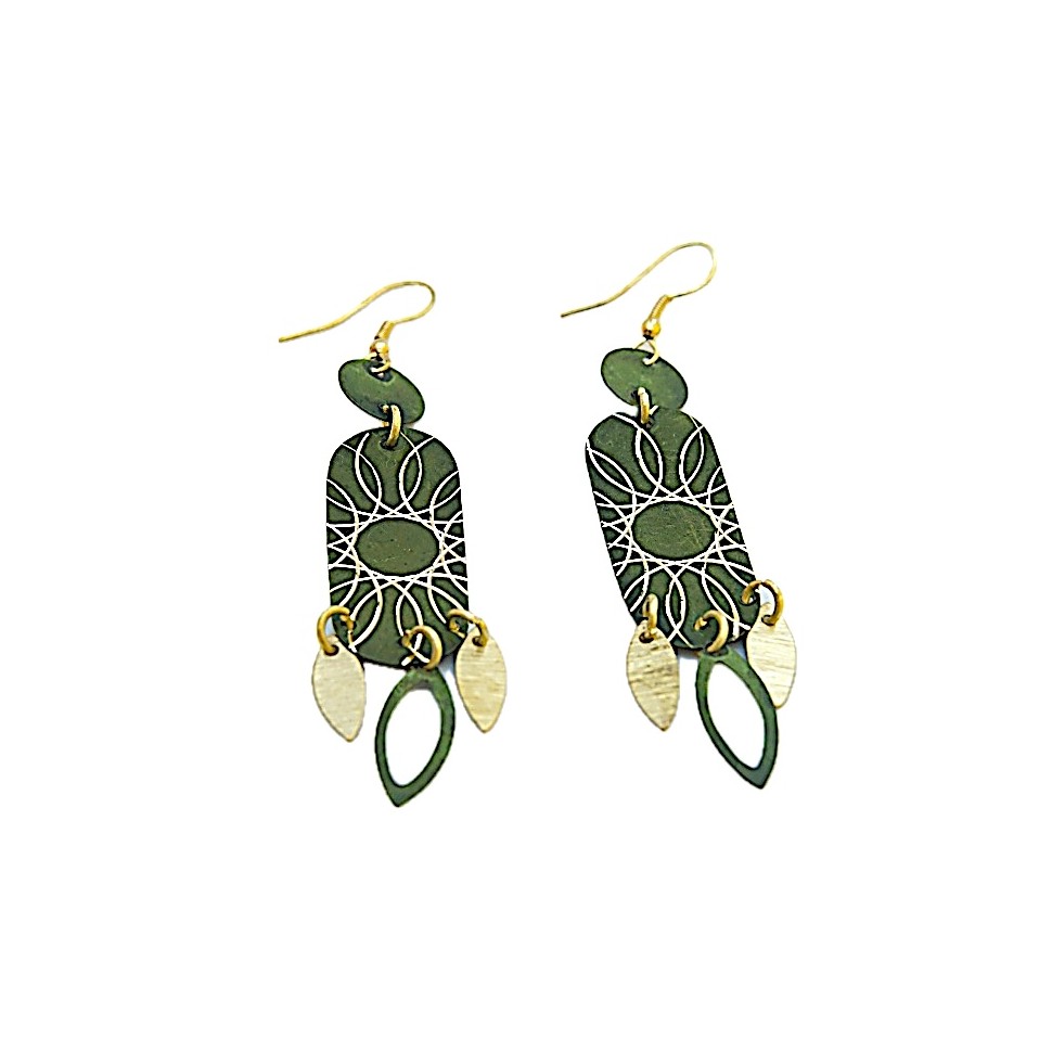 Boucles d'oreilles laiton doré et kaki