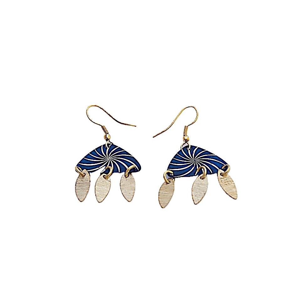 Boucles d'oreilles triangle laiton bleu et doré