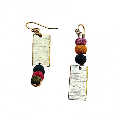 Boucles d'oreilles 3 boules sari rectangle laiton