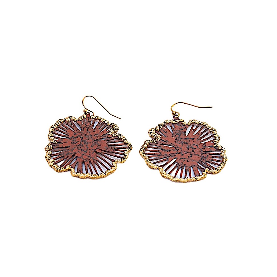 Boucles d'oreilles fleurs laiton rouge et doré