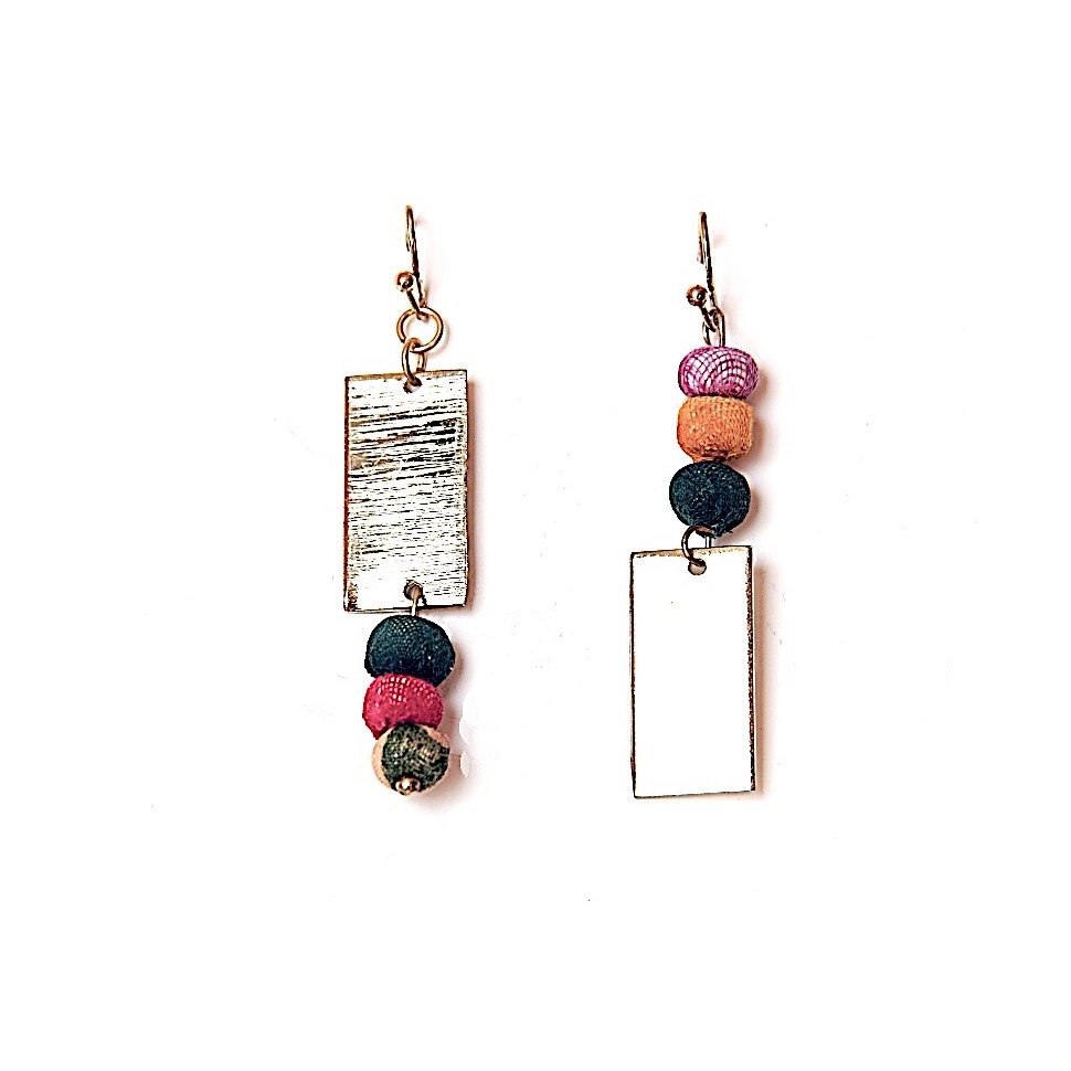 Boucles d'oreilles 3 boules sari rectangle laiton