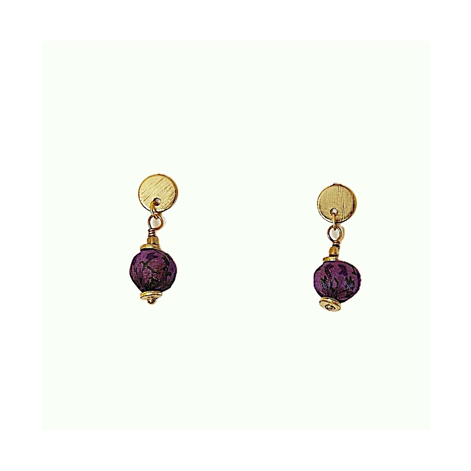 Boucles d'oreilles laiton et bille sari recyclé