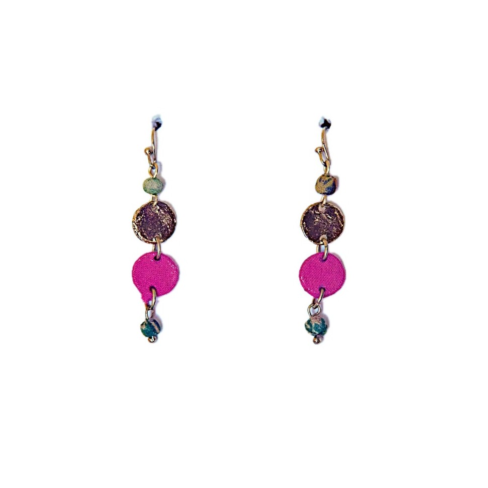 Boucles d'oreilles laiton doré et sari recyclé