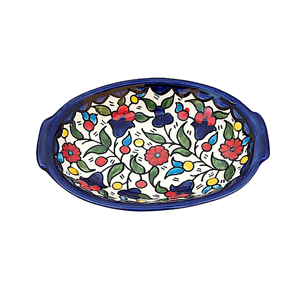 Plat ovale céramique avec poignées fleurs multicolores