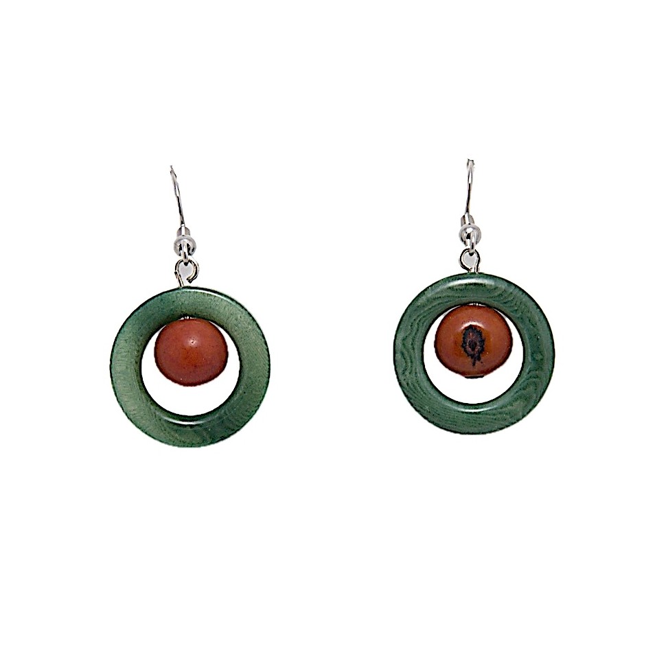 Boucles d'oreilles cercle tagua vert et açaï rouge