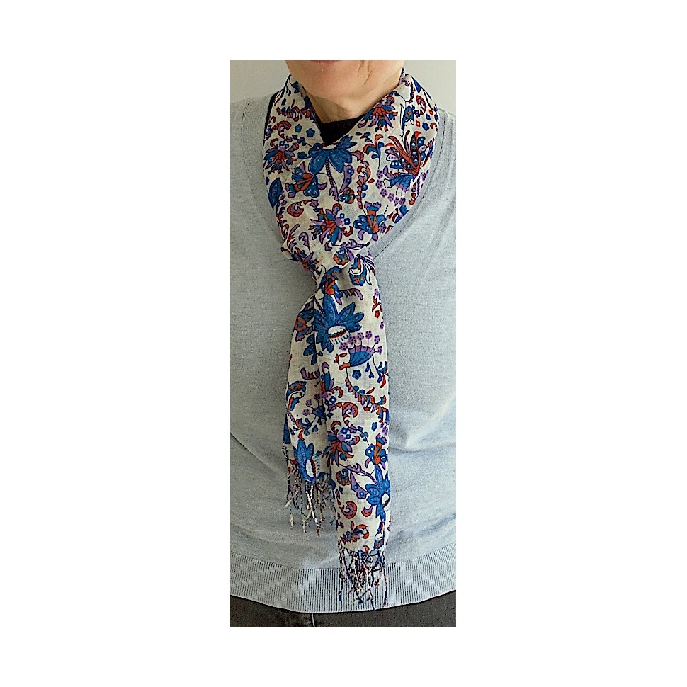 Echarpe laine tissée bleue violette rouge